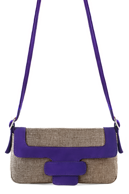 Tan beige and violet purple women's dress handbag, matching pumps and belts. Top view - Florence KOOIJMAN